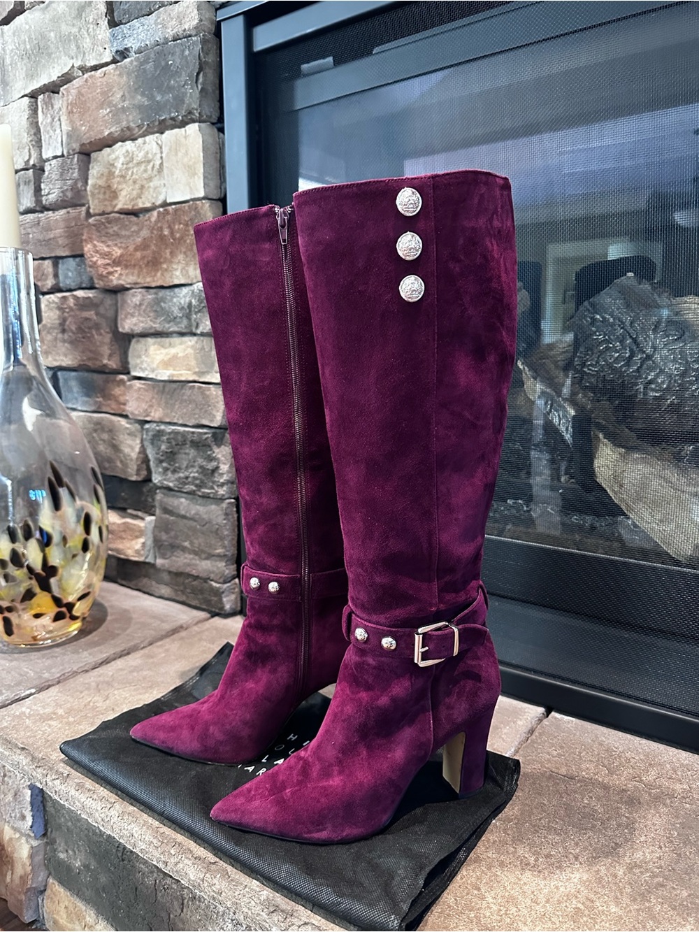 WHBM Women’s Knee-High Suede Boots in Burgundy- Stylish Buckle & Button Detail